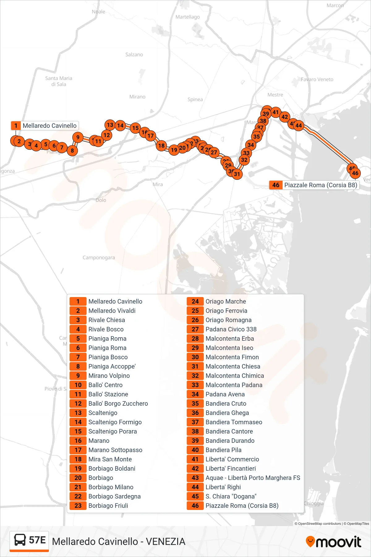 Linea 57E bus (Venezia) - Percorsi e fermate sulla mappa