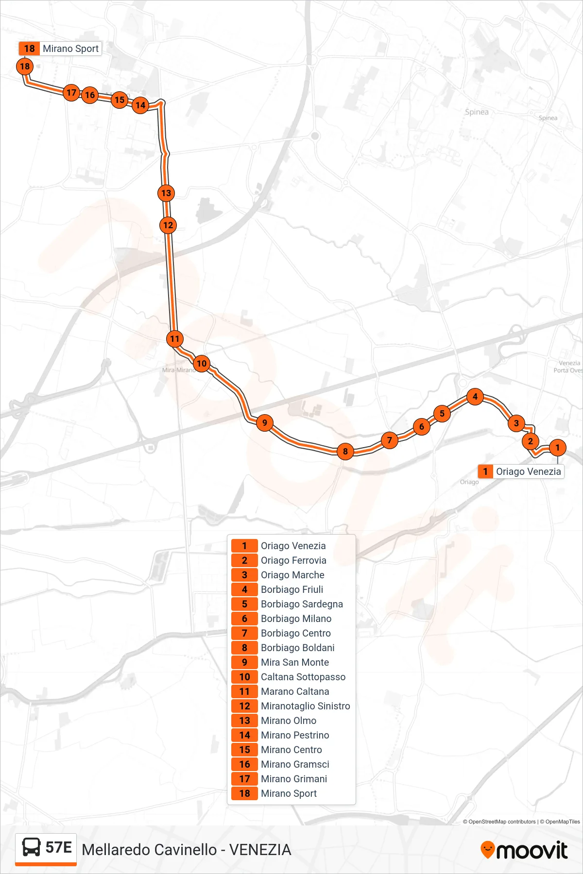 Linea 57E bus (Mirano Sport) - Percorsi e fermate sulla mappa