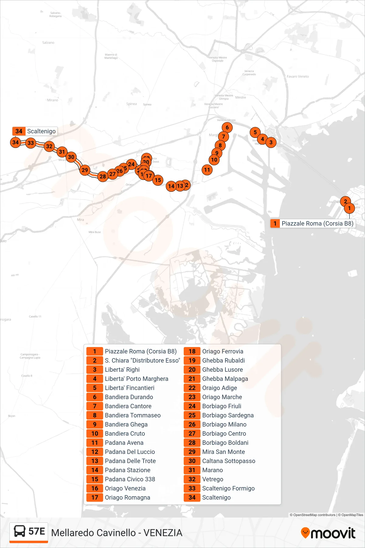 Linea 57E  bus (Scaltenigo) - Percorsi e fermate sulla mappa