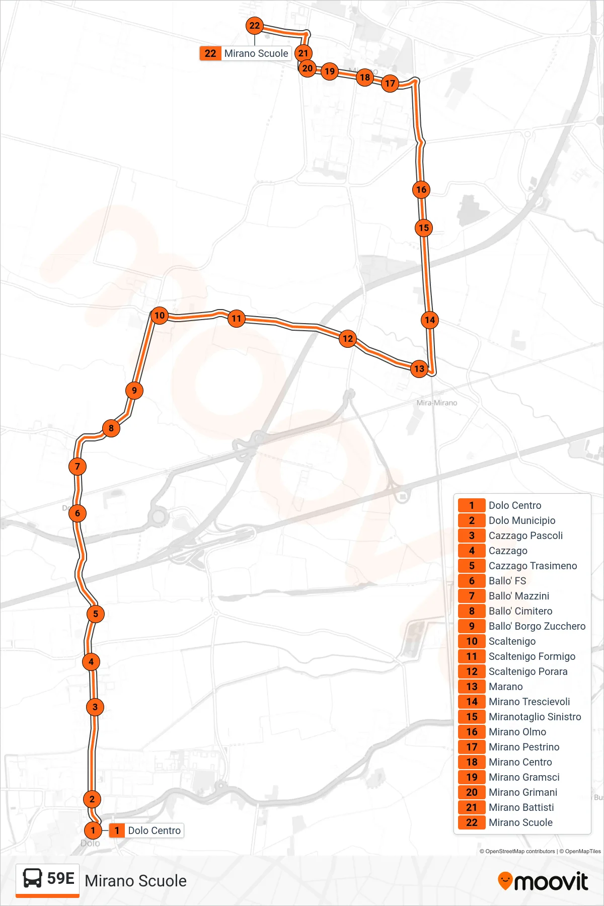 Linea 59E bus (Mirano Scuole) - Percorsi e fermate sulla mappa