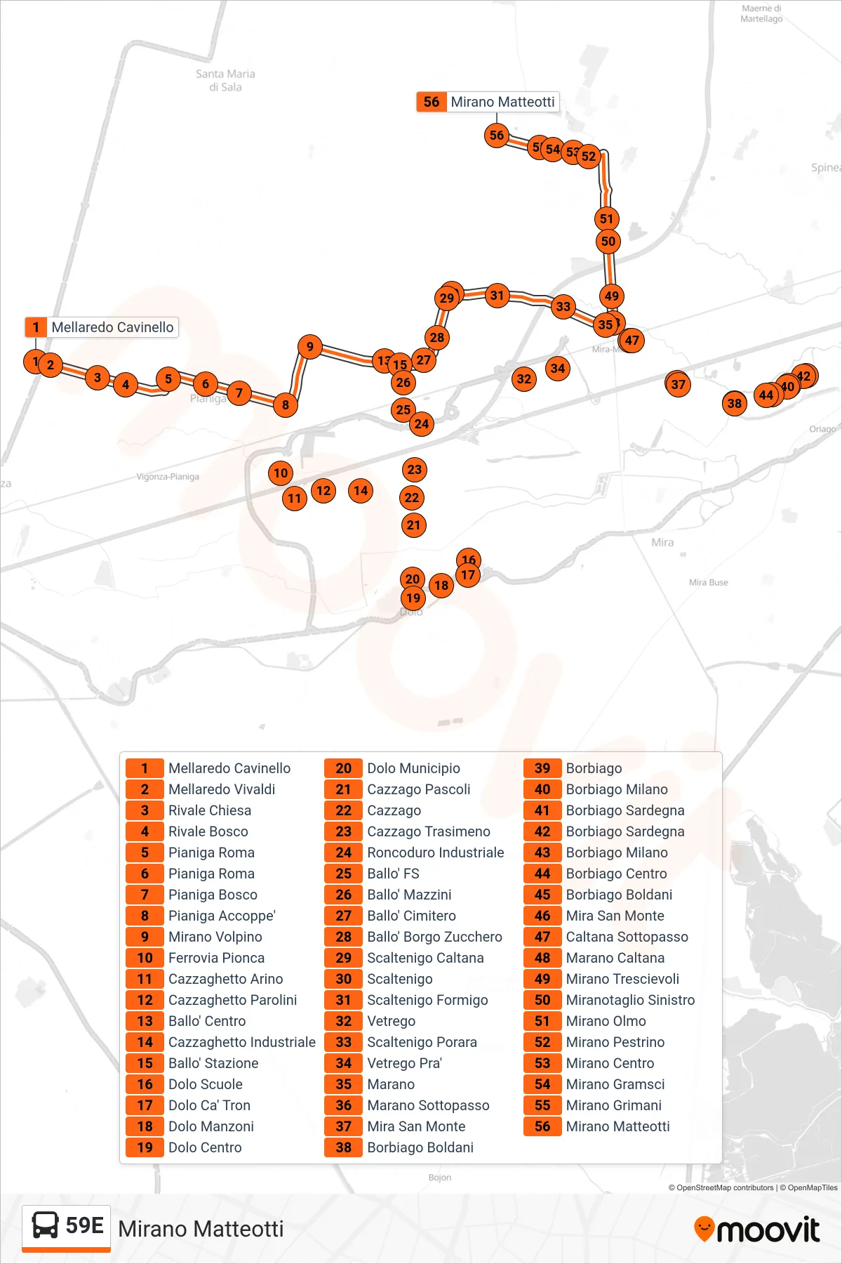 Linea 59E  bus (Mirano Matteotti) - Percorsi e fermate sulla mappa
