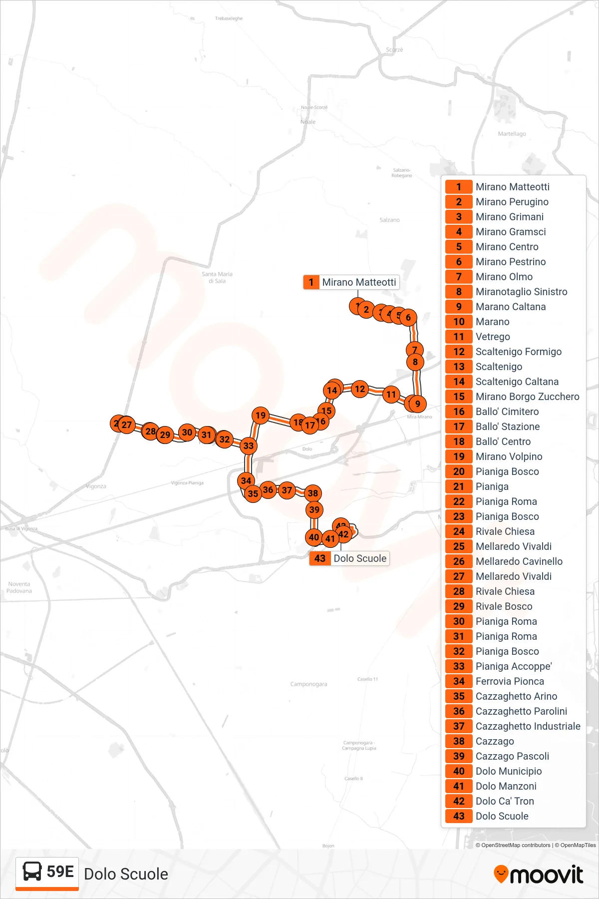 Linea 59E  bus (Dolo Scuole) - Percorsi e fermate sulla mappa