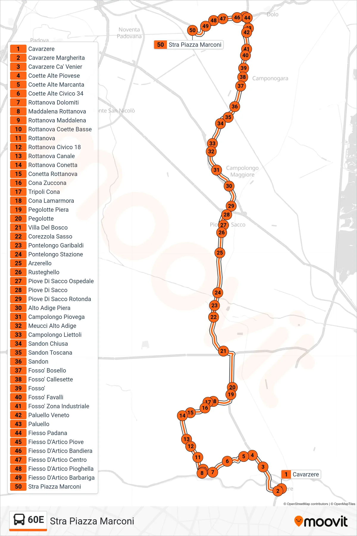 Linea 60E  bus (Stra Piazza Marconi) - Percorsi e fermate sulla mappa