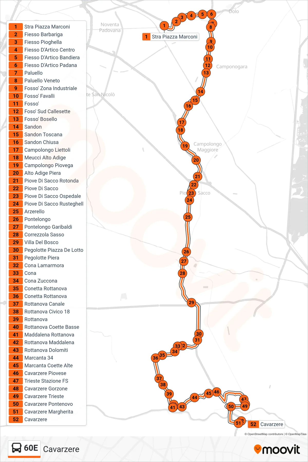 Linea 60E bus (Cavarzere) - Percorsi e fermate sulla mappa