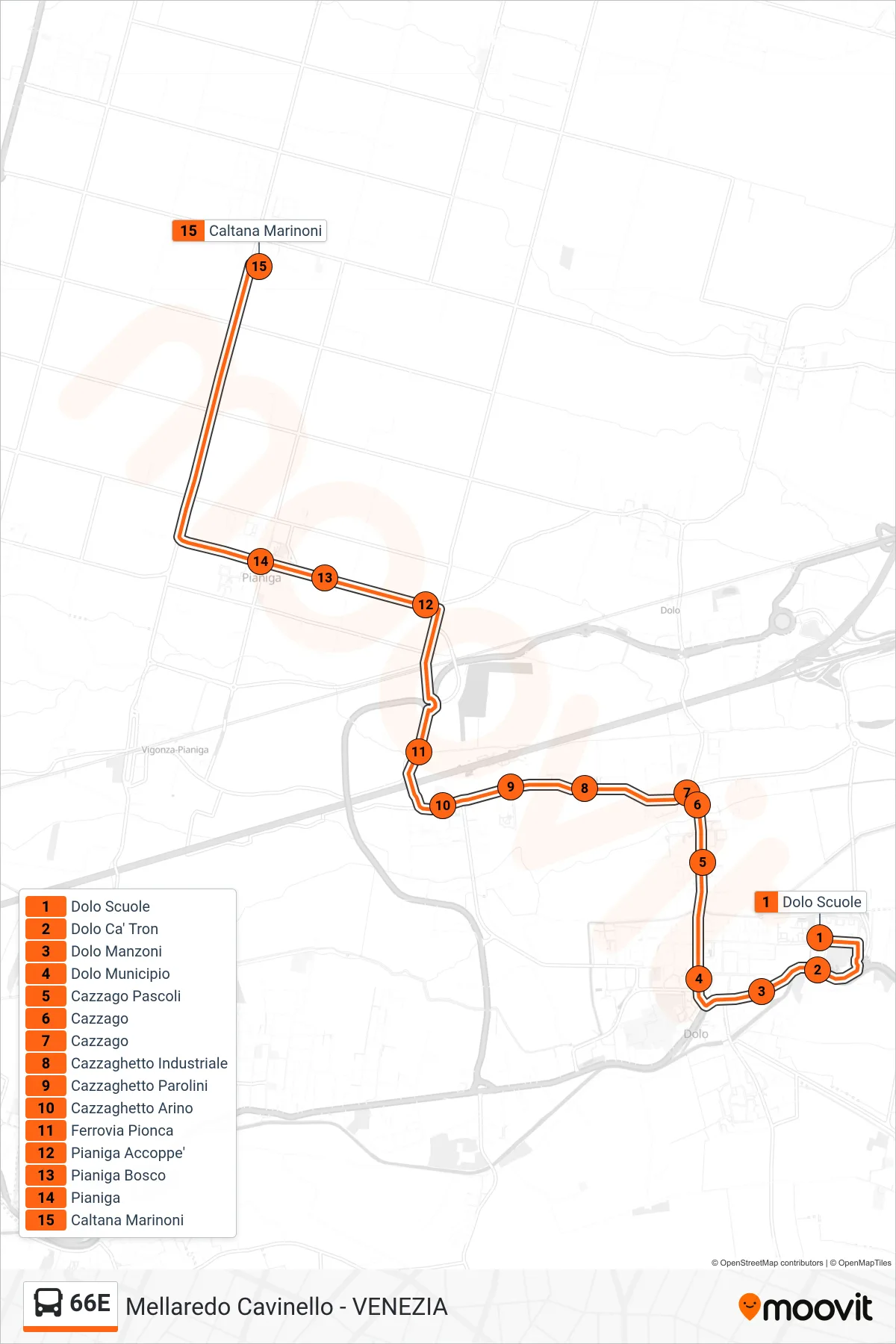 Linea 66E  bus (Caltana Marinoni) - Percorsi e fermate sulla mappa