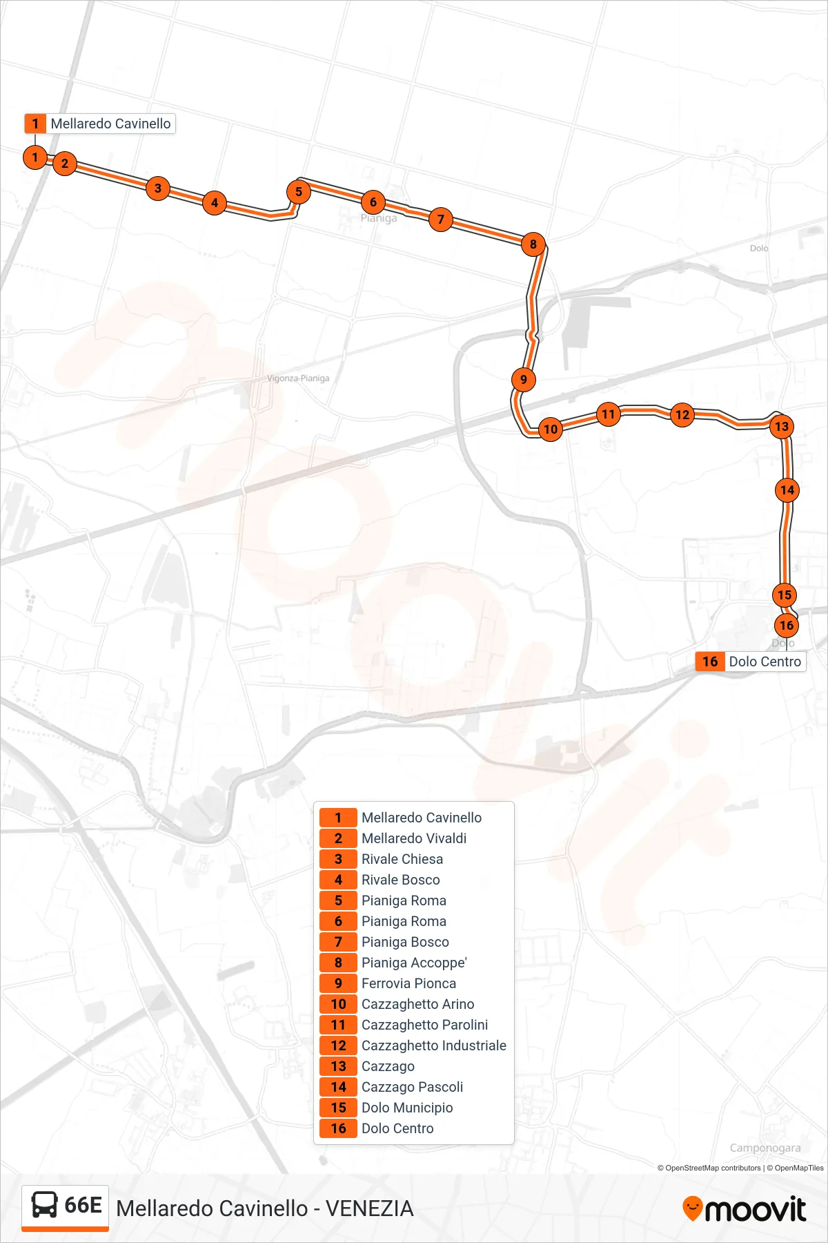 Linea 66E bus (Dolo Centro) - Percorsi e fermate sulla mappa