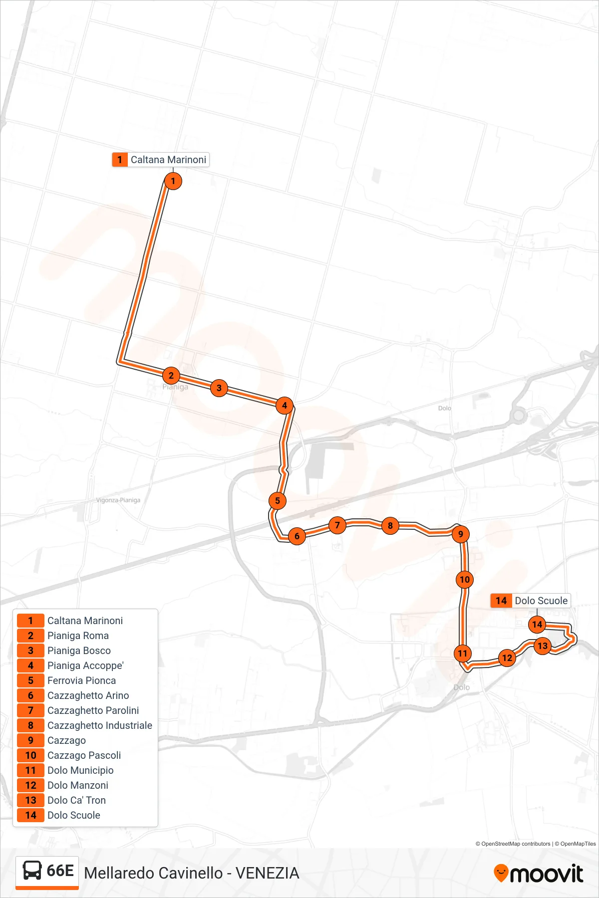 Linea 66E bus (Dolo Scuole) - Percorsi e fermate sulla mappa