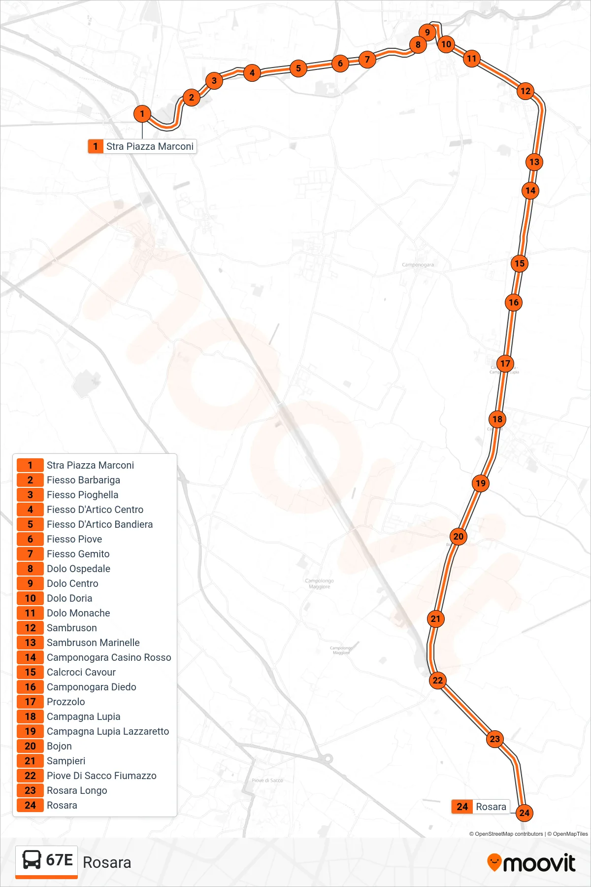 Linea 67E  bus (Rosara) - Percorsi e fermate sulla mappa