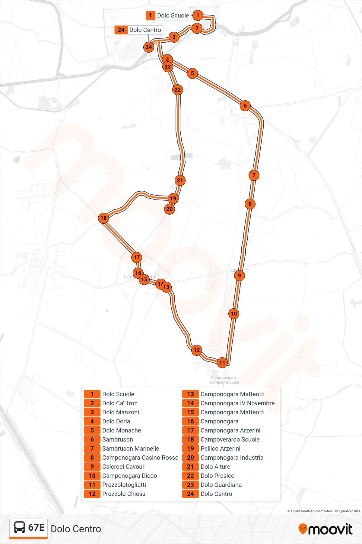 Linea 67E bus (Dolo Centro) - Percorsi e fermate sulla mappa
