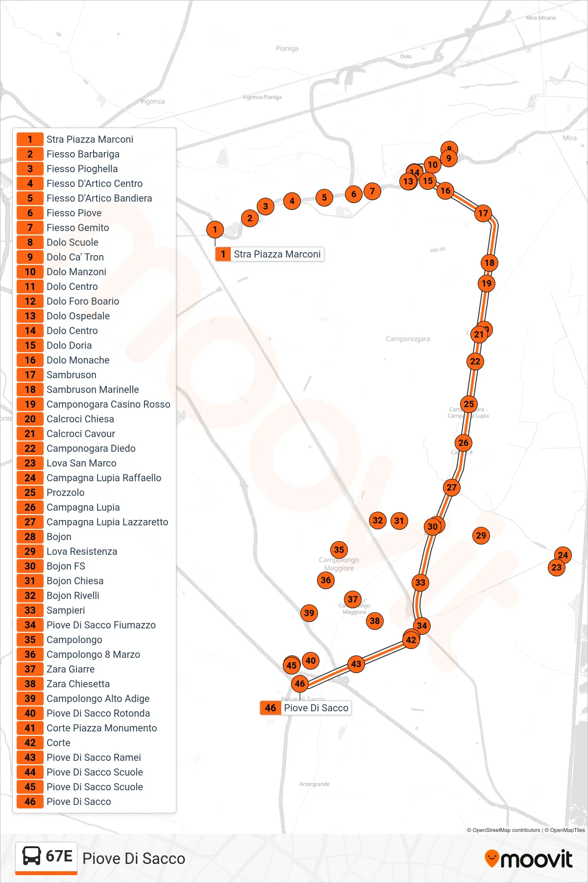 67E bus Line (Piove Di Sacco) route and stops on a map