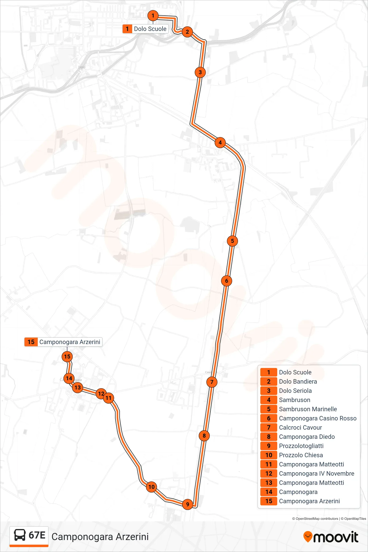 Linea 67E  bus (Camponogara Arzerini) - Percorsi e fermate sulla mappa
