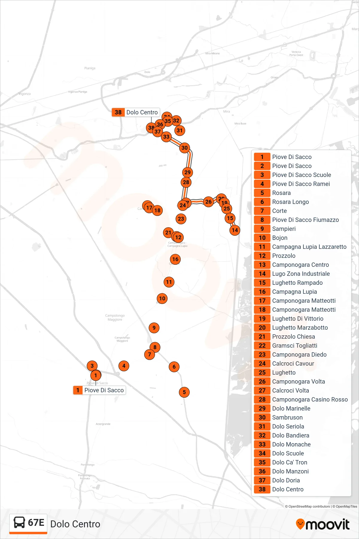 Linea 67E  bus (Dolo Centro) - Percorsi e fermate sulla mappa