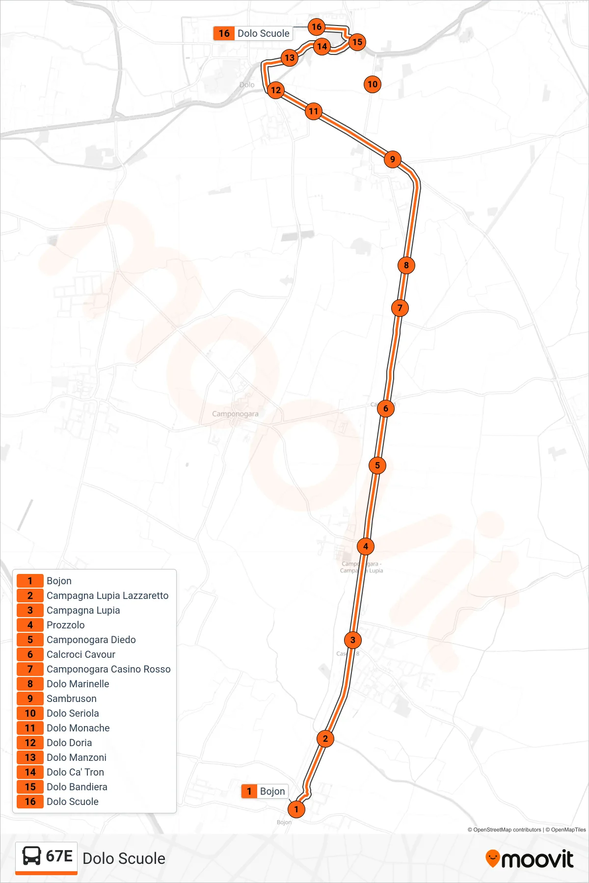 Linea 67E bus (Dolo Scuole) - Percorsi e fermate sulla mappa