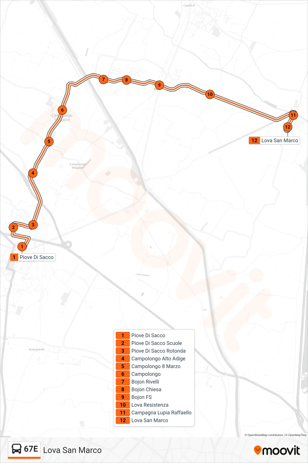 Linea 67E bus (Lova San Marco) - Percorsi e fermate sulla mappa