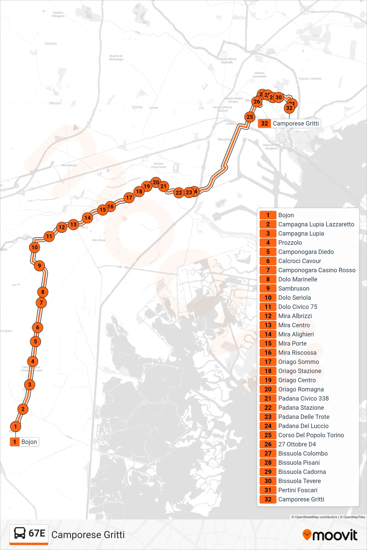 Linea 67E bus (Camporese Gritti) - Percorsi e fermate sulla mappa