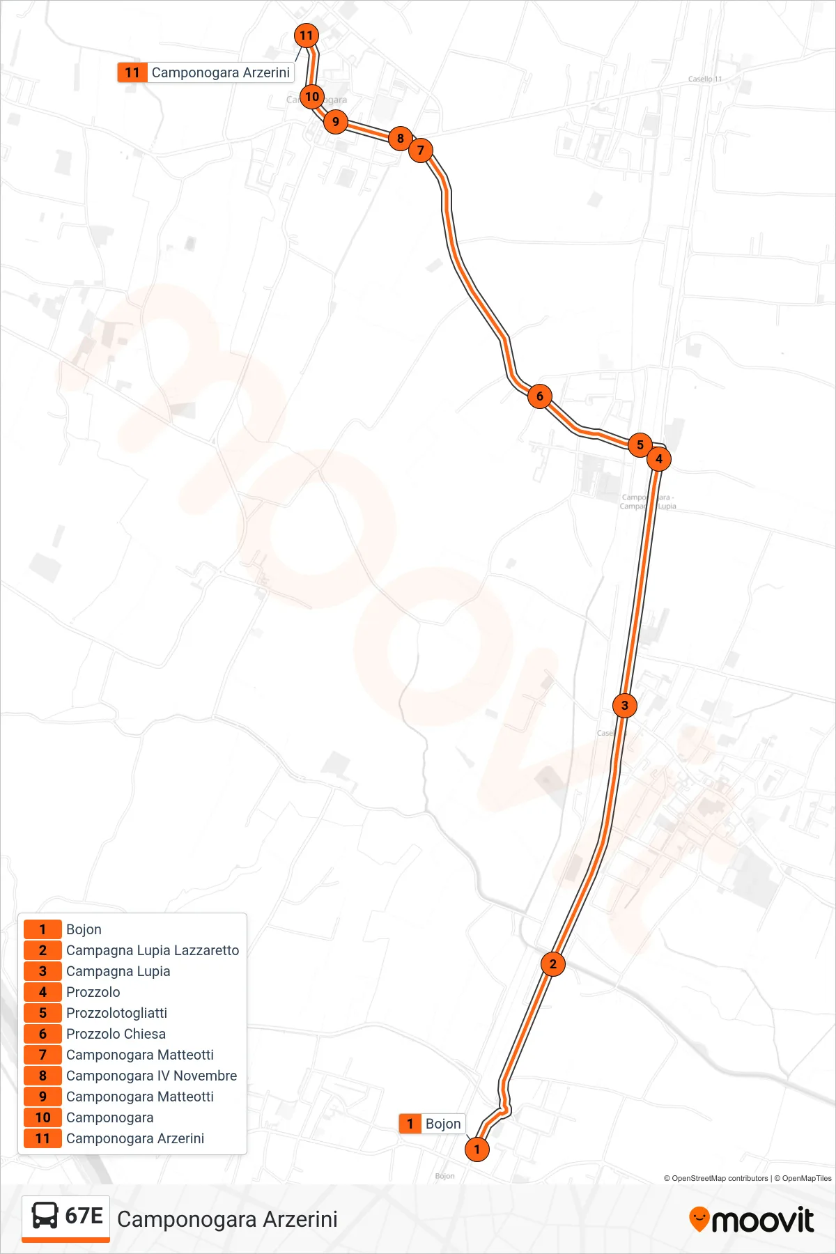 Linea 67E  bus (Camponogara Arzerini) - Percorsi e fermate sulla mappa