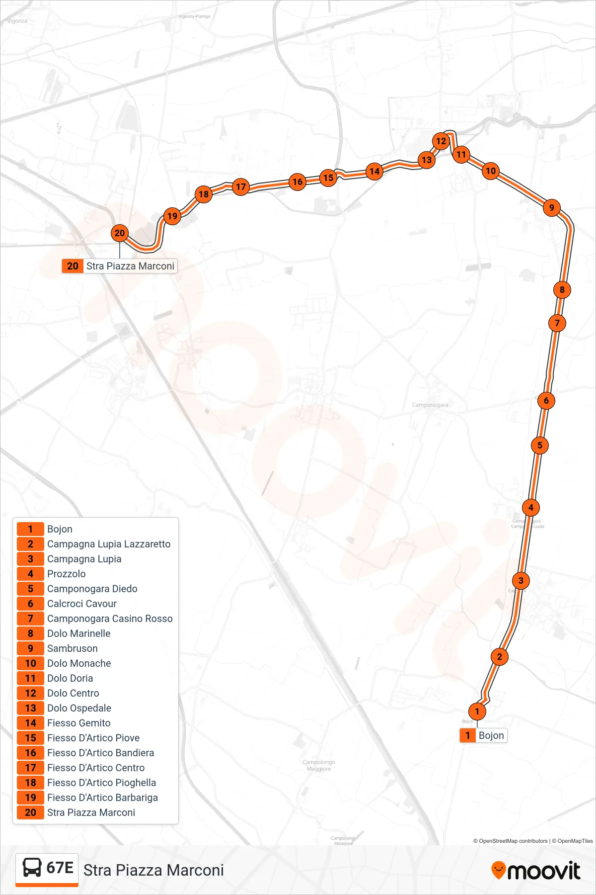 Linea 67E  bus (Stra Piazza Marconi) - Percorsi e fermate sulla mappa