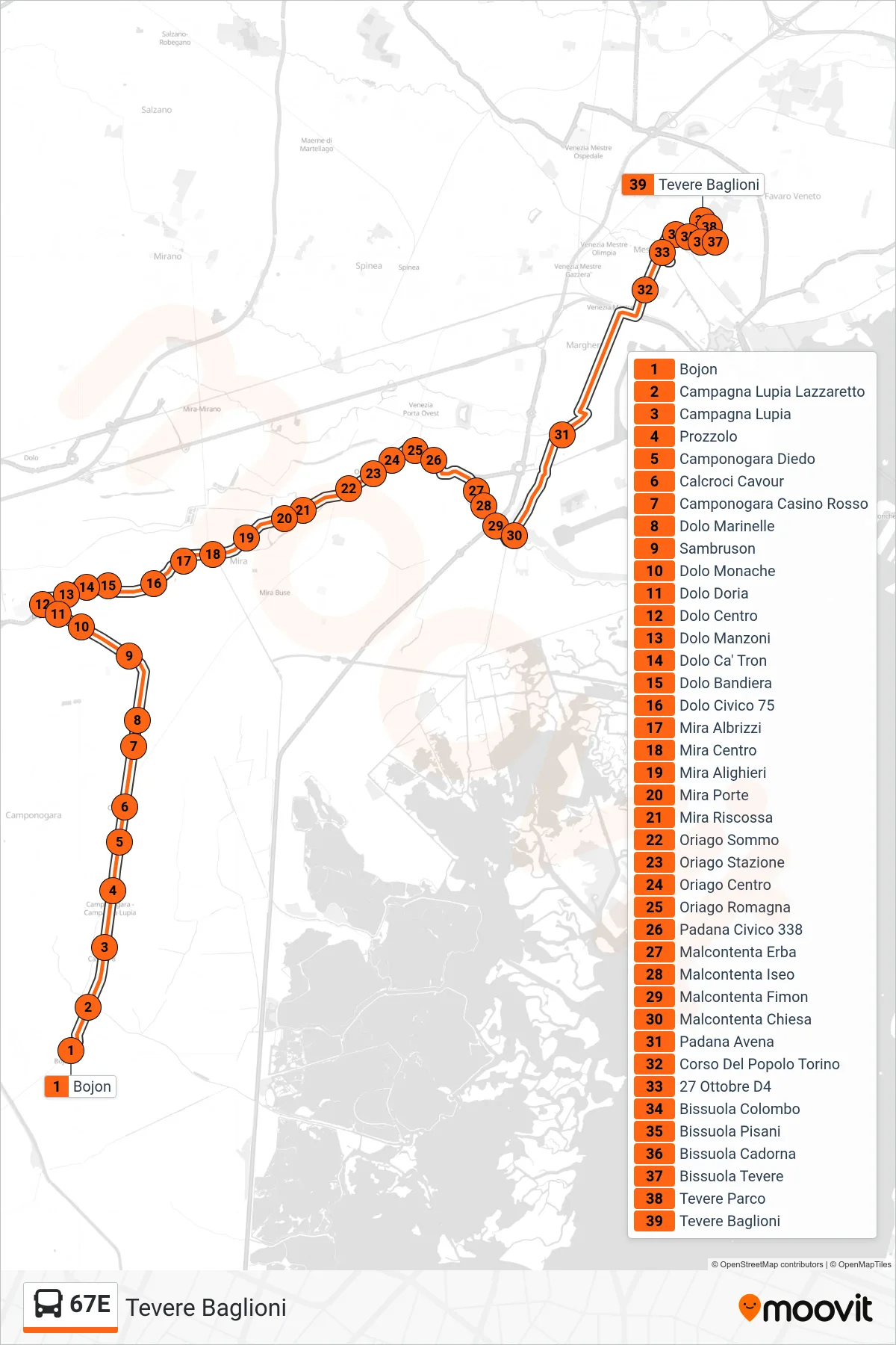 Linea 67E  bus (Tevere Baglioni) - Percorsi e fermate sulla mappa