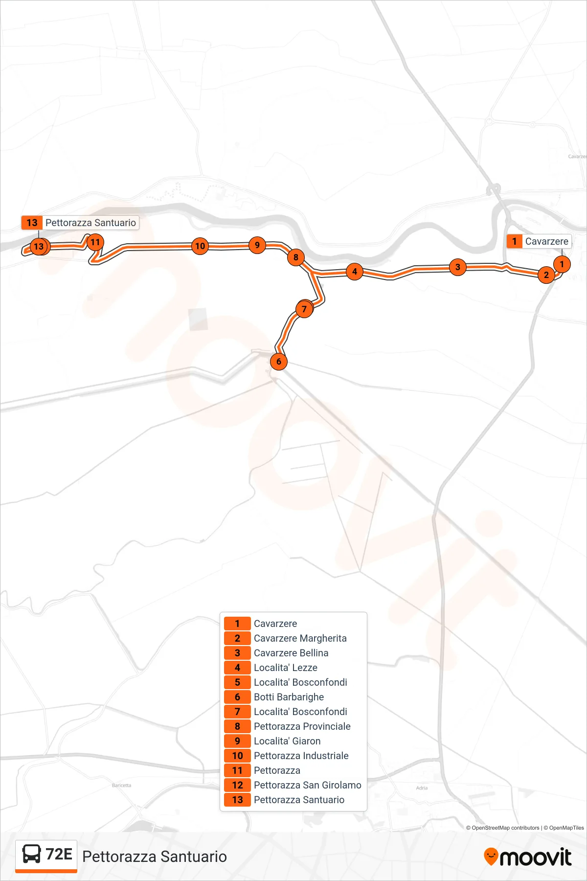 Linea 72E bus (Pettorazza Santuario) - Percorsi e fermate sulla mappa