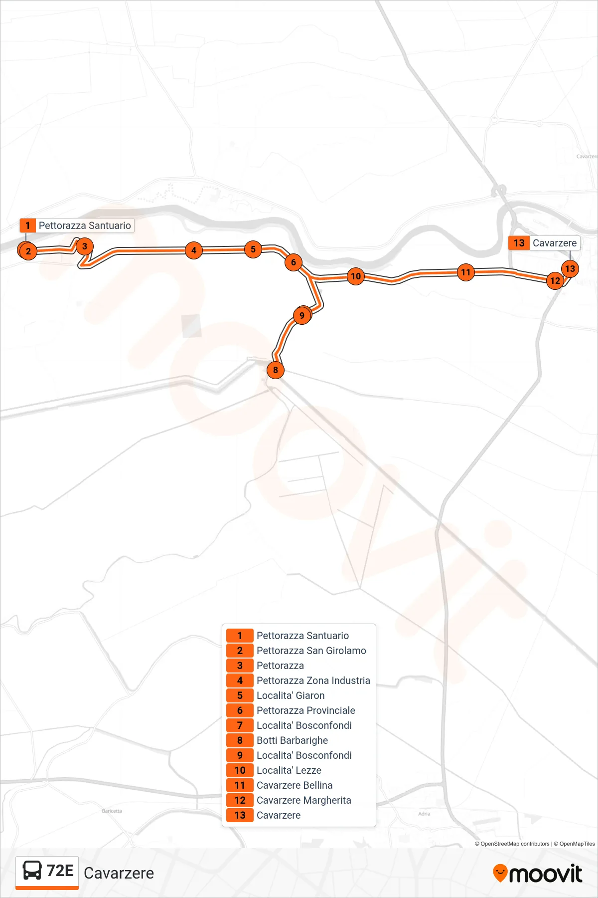 Linea 72E bus (Cavarzere) - Percorsi e fermate sulla mappa