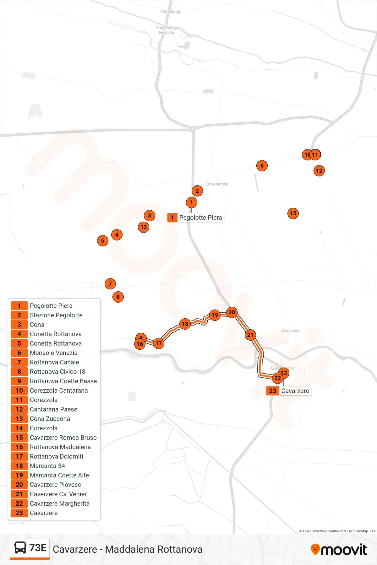 Linea 73E  bus (Cavarzere) - Percorsi e fermate sulla mappa