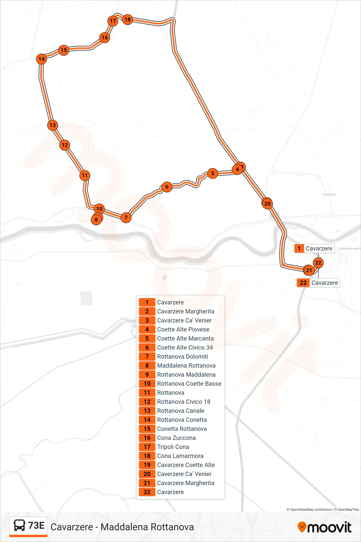 Linea 73E bus (Cavarzere) - Percorsi e fermate sulla mappa
