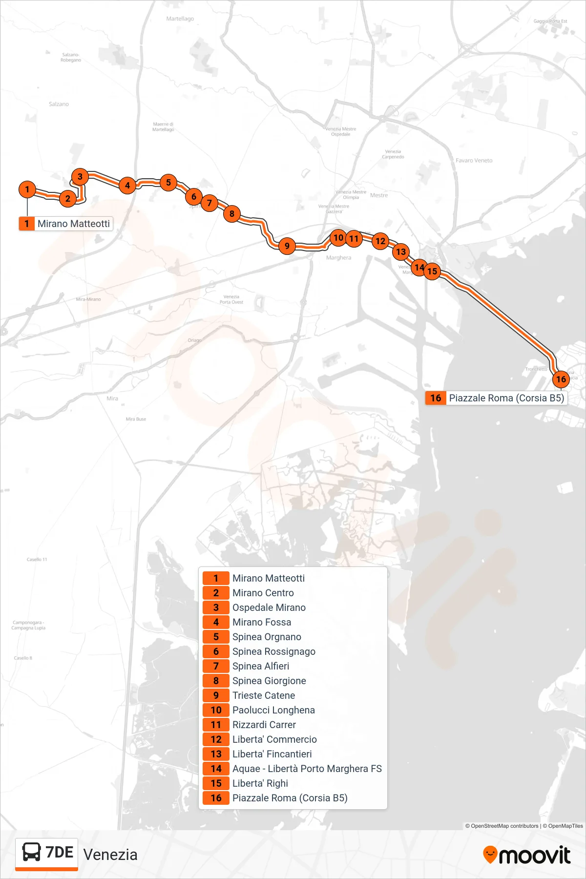 7DE bus Line (Venice) route and stops on a map