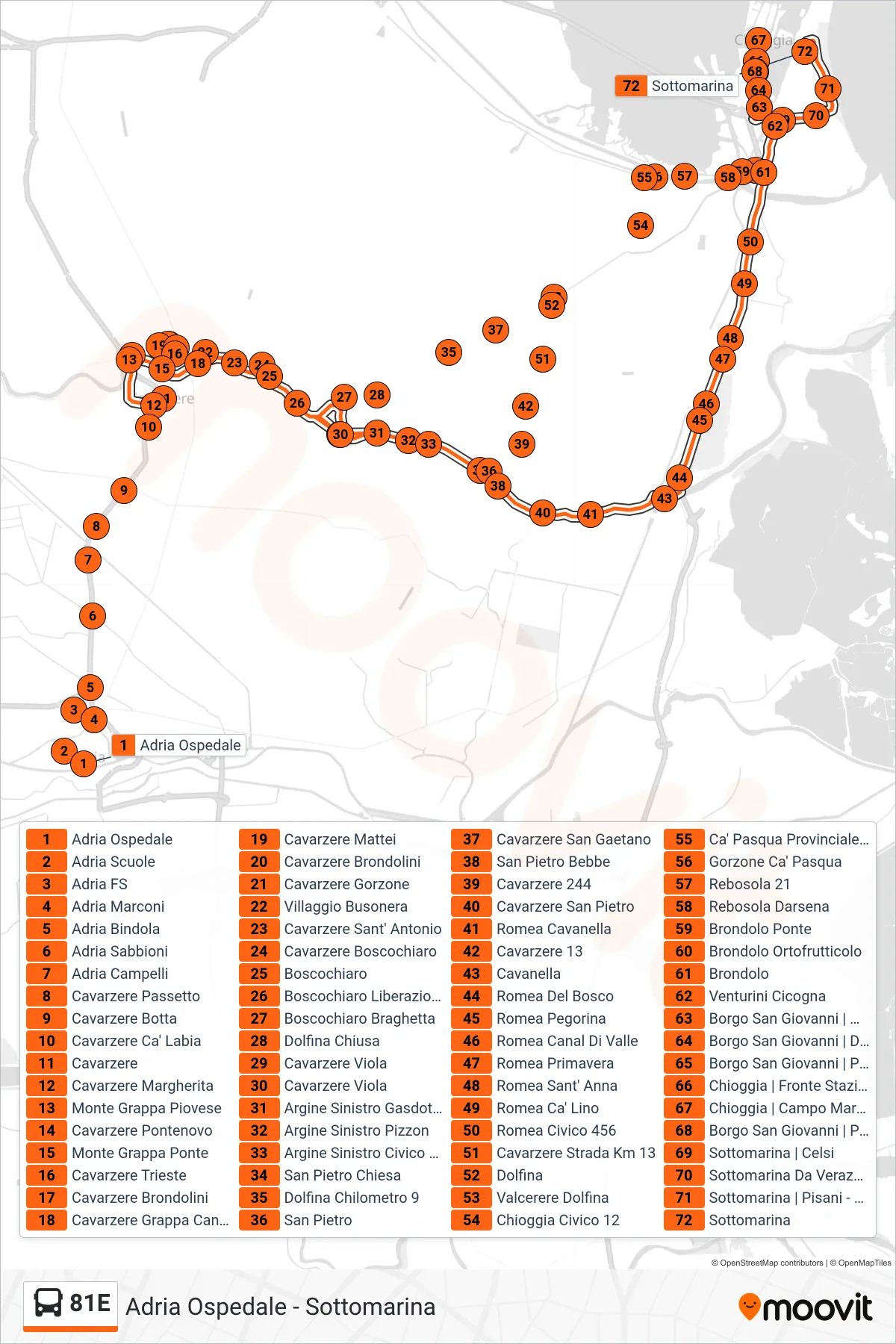 81E bus Line (Sottomarina) route and stops on a map