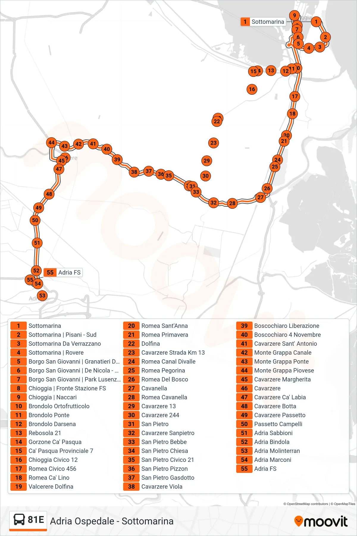 Linea 81E bus (Adria FS) - Percorsi e fermate sulla mappa