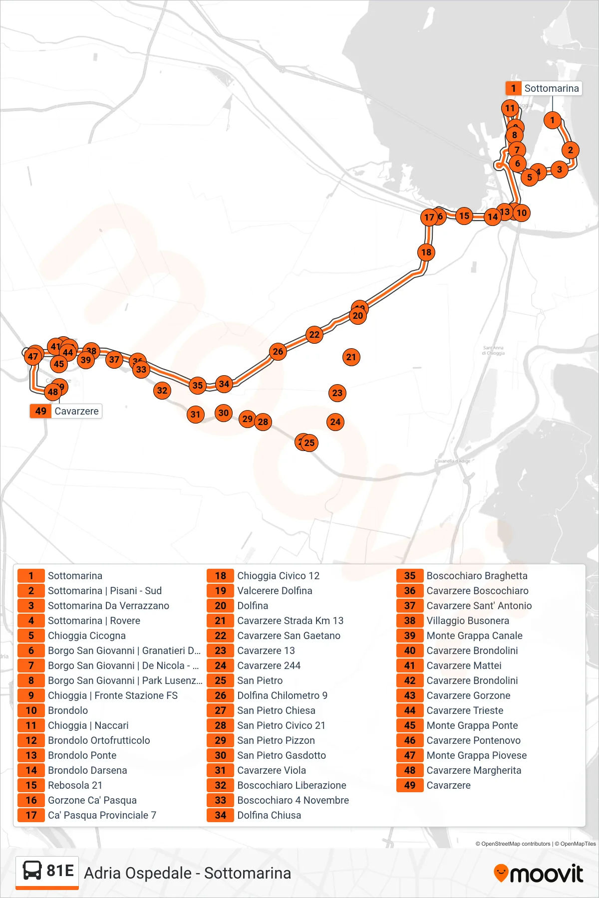 Linea 81E bus (Cavarzere) - Percorsi e fermate sulla mappa