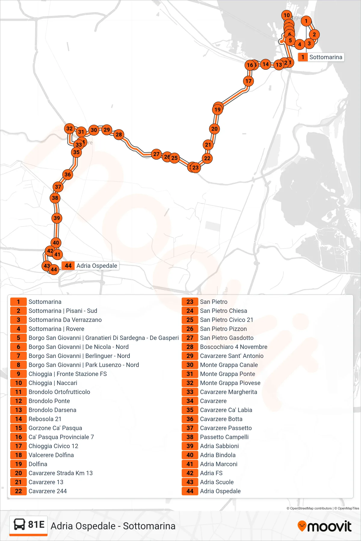 Linea 81E bus (Adria Ospedale) - Percorsi e fermate sulla mappa