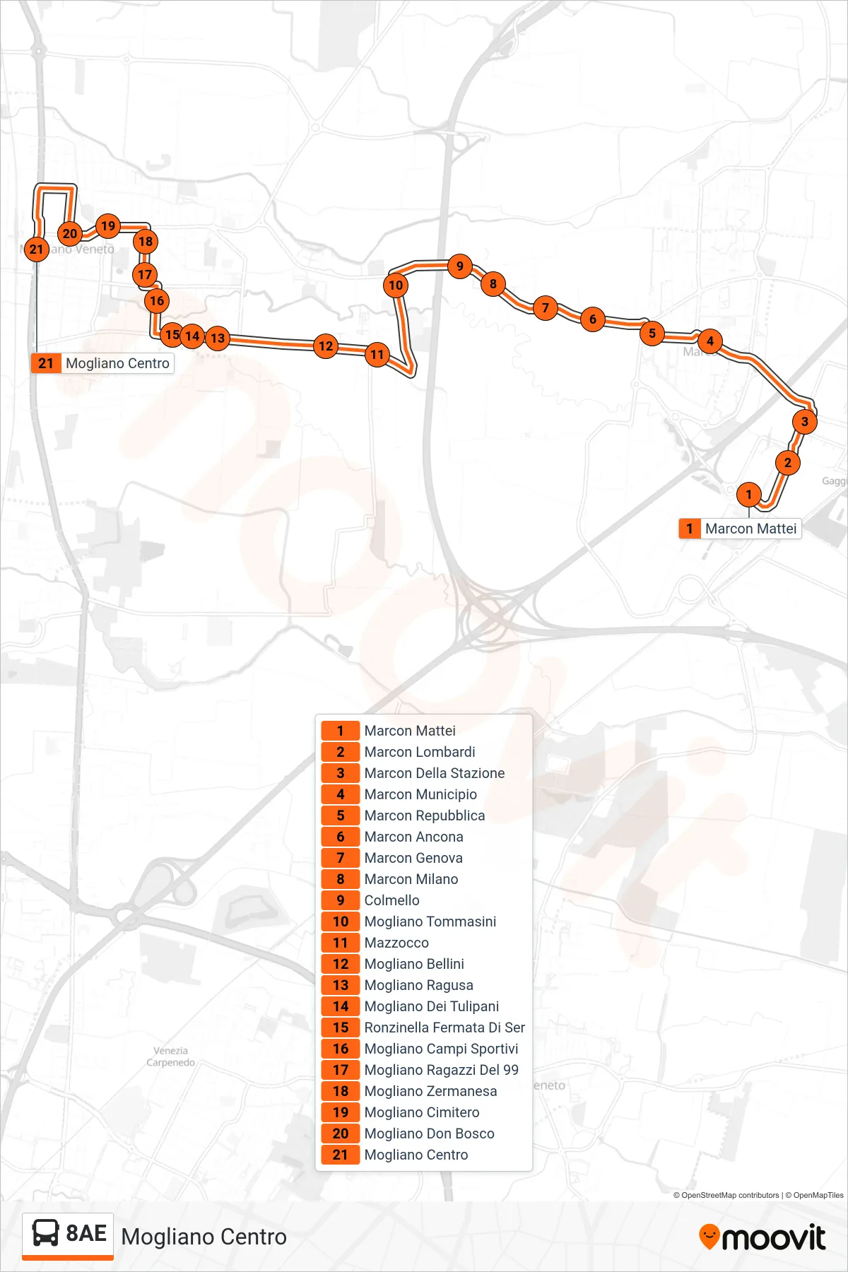 Linea 8AE bus (Mogliano Centro) - Percorsi e fermate sulla mappa