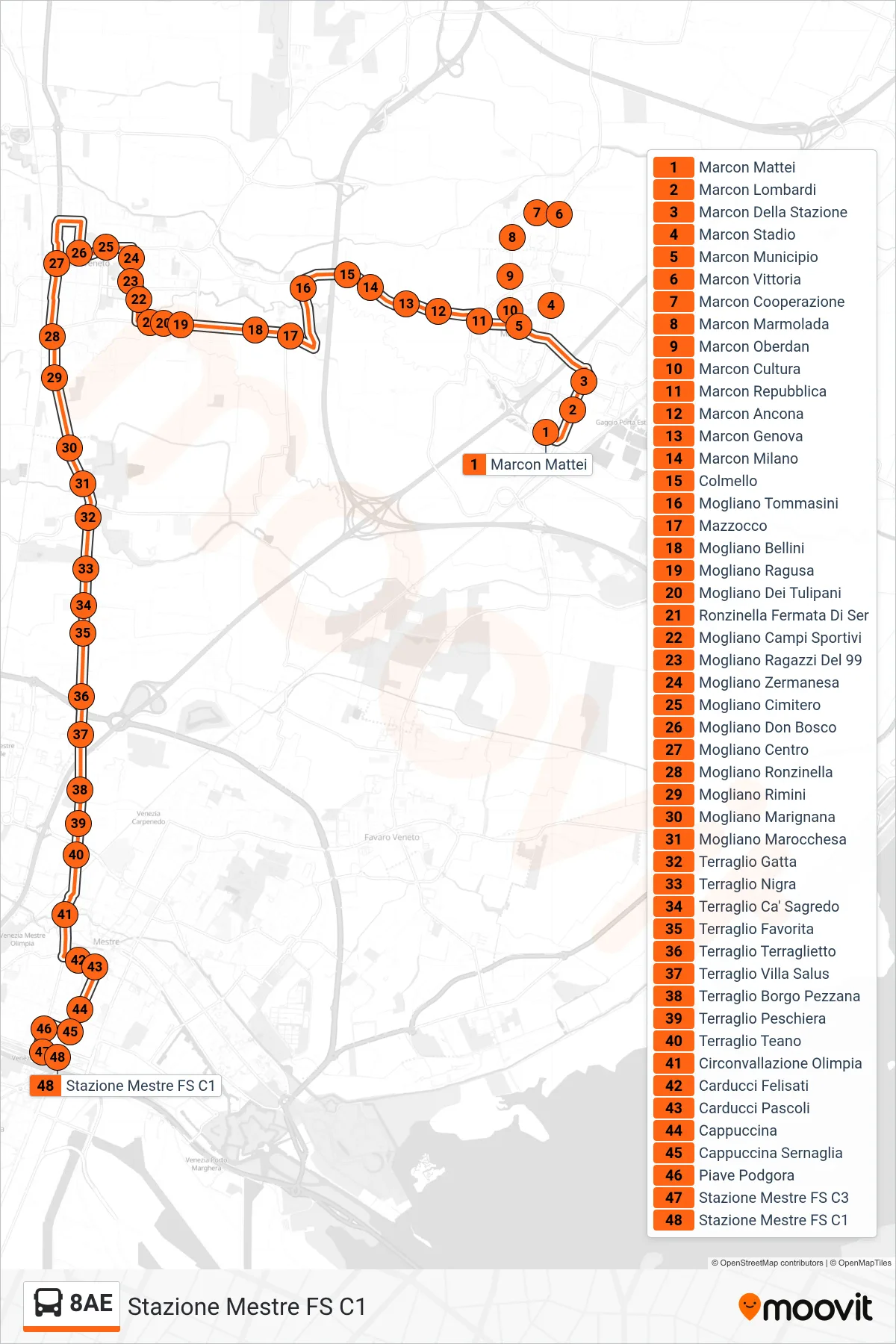 Linea 8AE bus (Stazione Mestre FS C1) - Percorsi e fermate sulla mappa