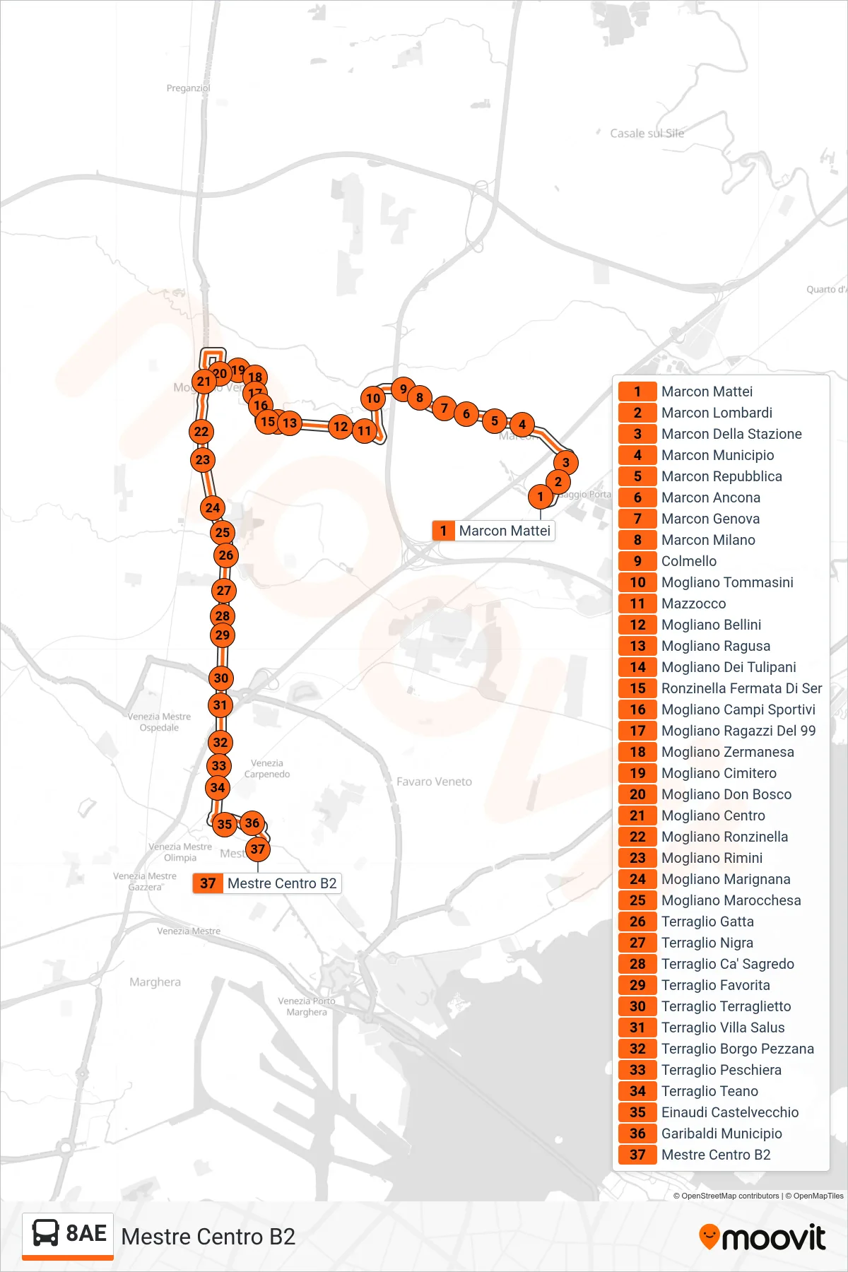 Linea 8AE bus (Mestre Centro B2) - Percorsi e fermate sulla mappa
