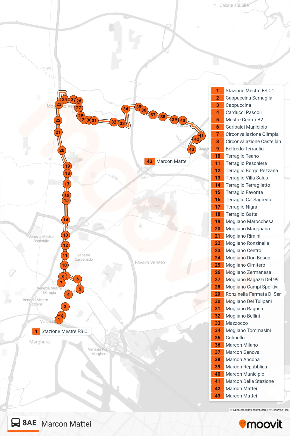 Linea 8AE bus (Marcon Mattei) - Percorsi e fermate sulla mappa