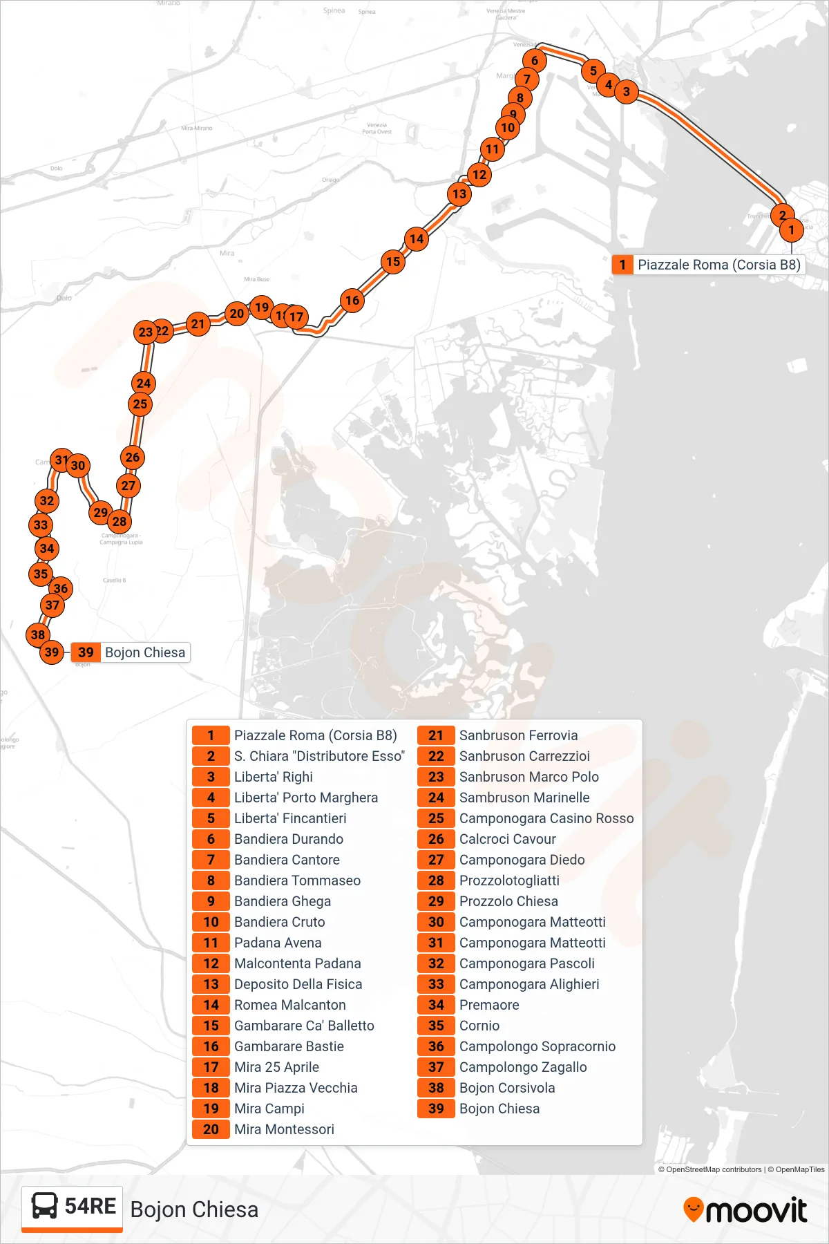 Linea 54RE bus (Bojon Chiesa) - Percorsi e fermate sulla mappa