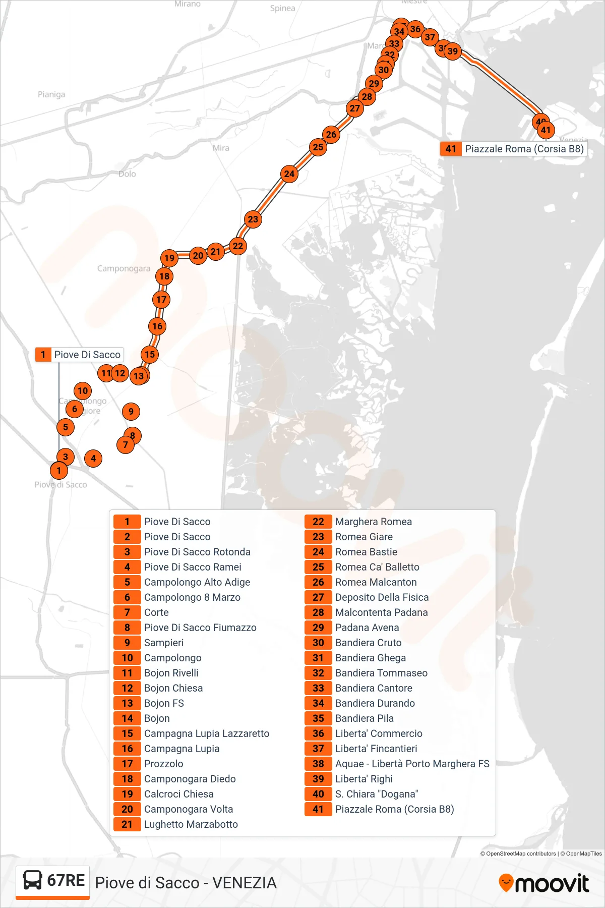 Linea 67RE bus (Venezia) - Percorsi e fermate sulla mappa