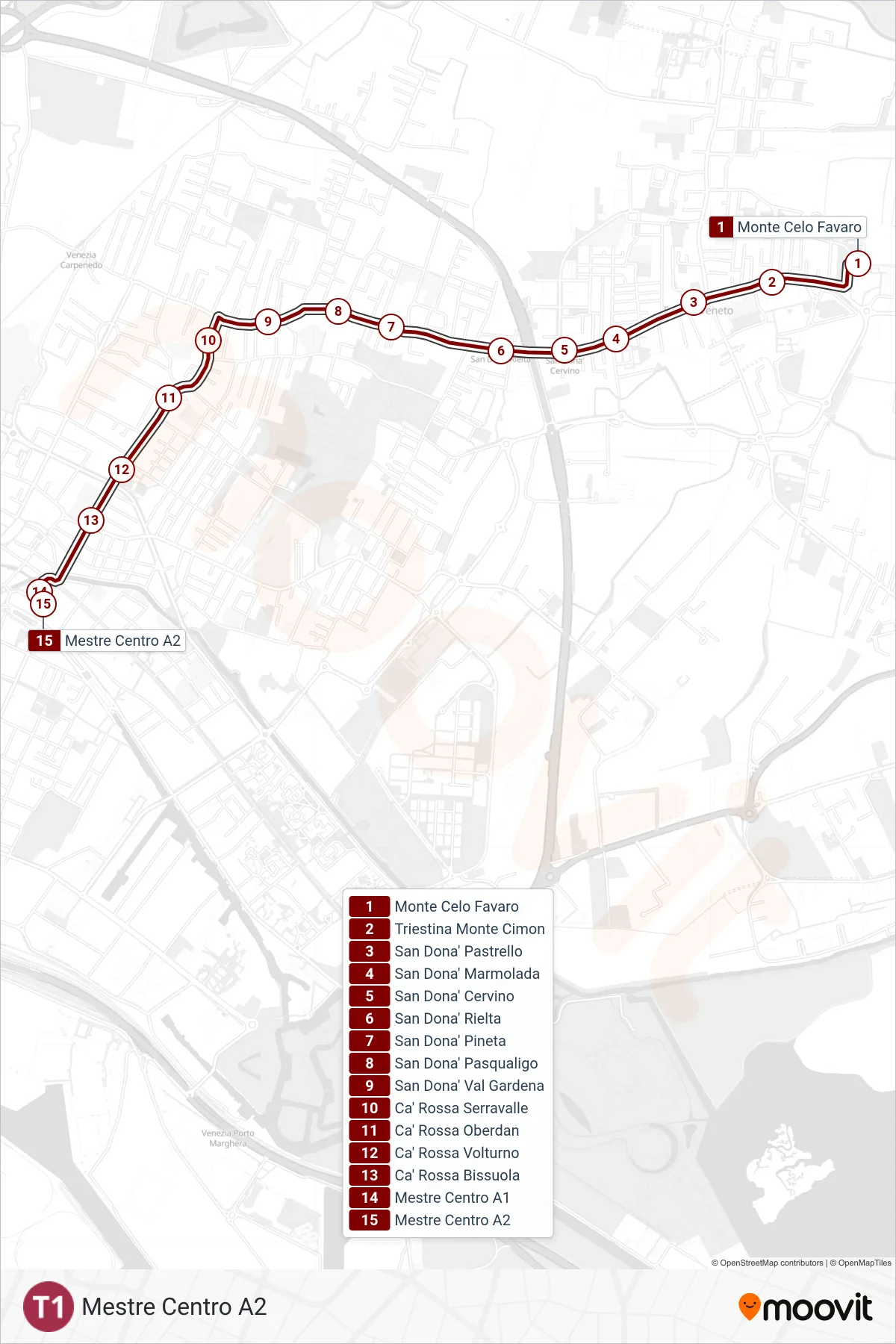 Linea T1 tram (Mestre Centro A2) - Percorsi e fermate sulla mappa