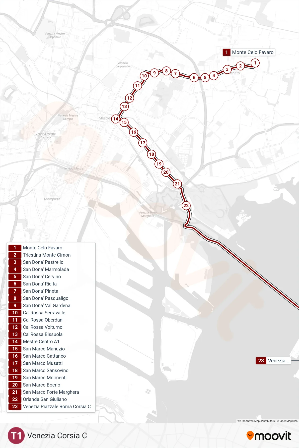 Linea T1  tram (Venezia Corsia C) - Percorsi e fermate sulla mappa
