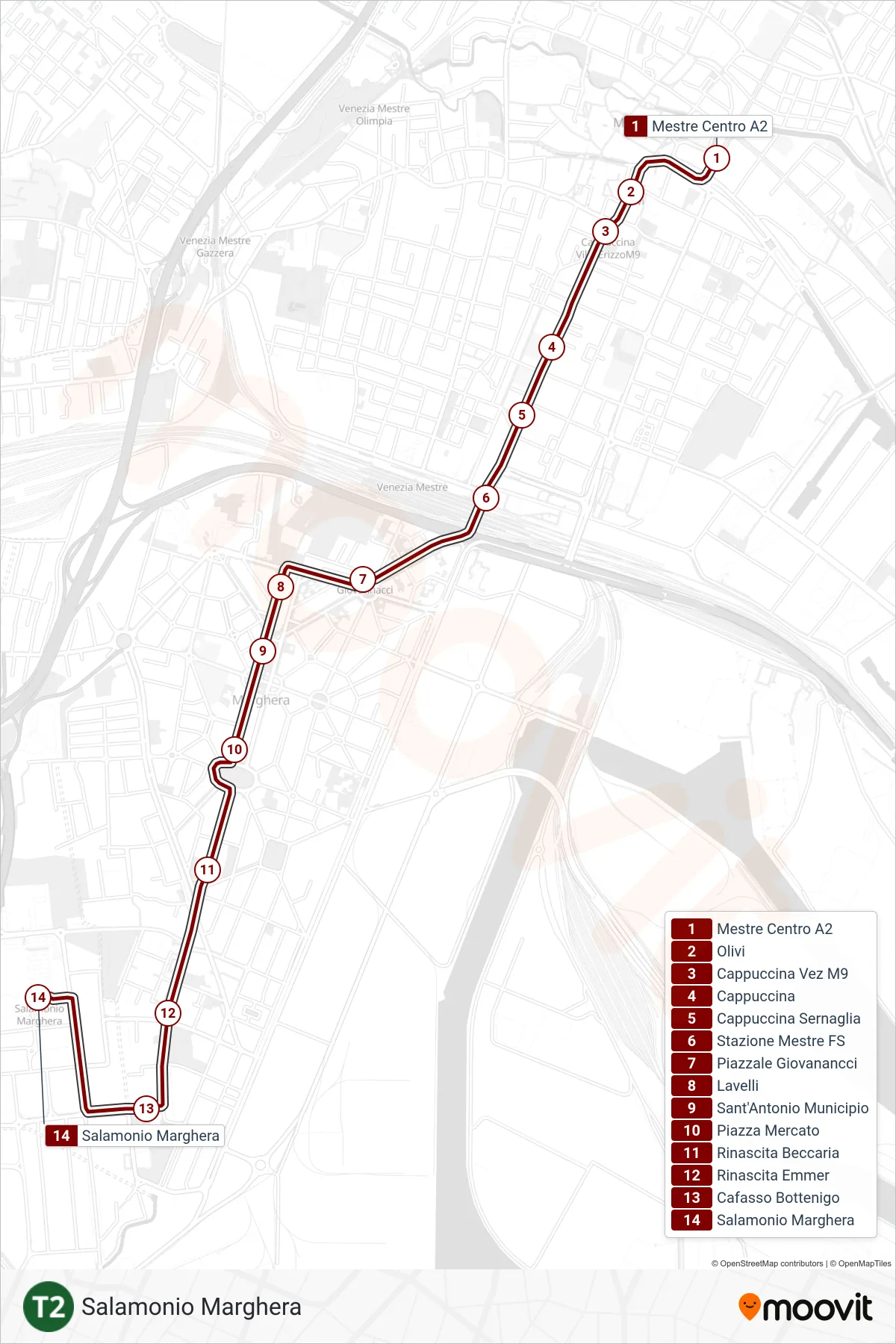 Linea T2 tram (Salamonio Marghera) - Percorsi e fermate sulla mappa