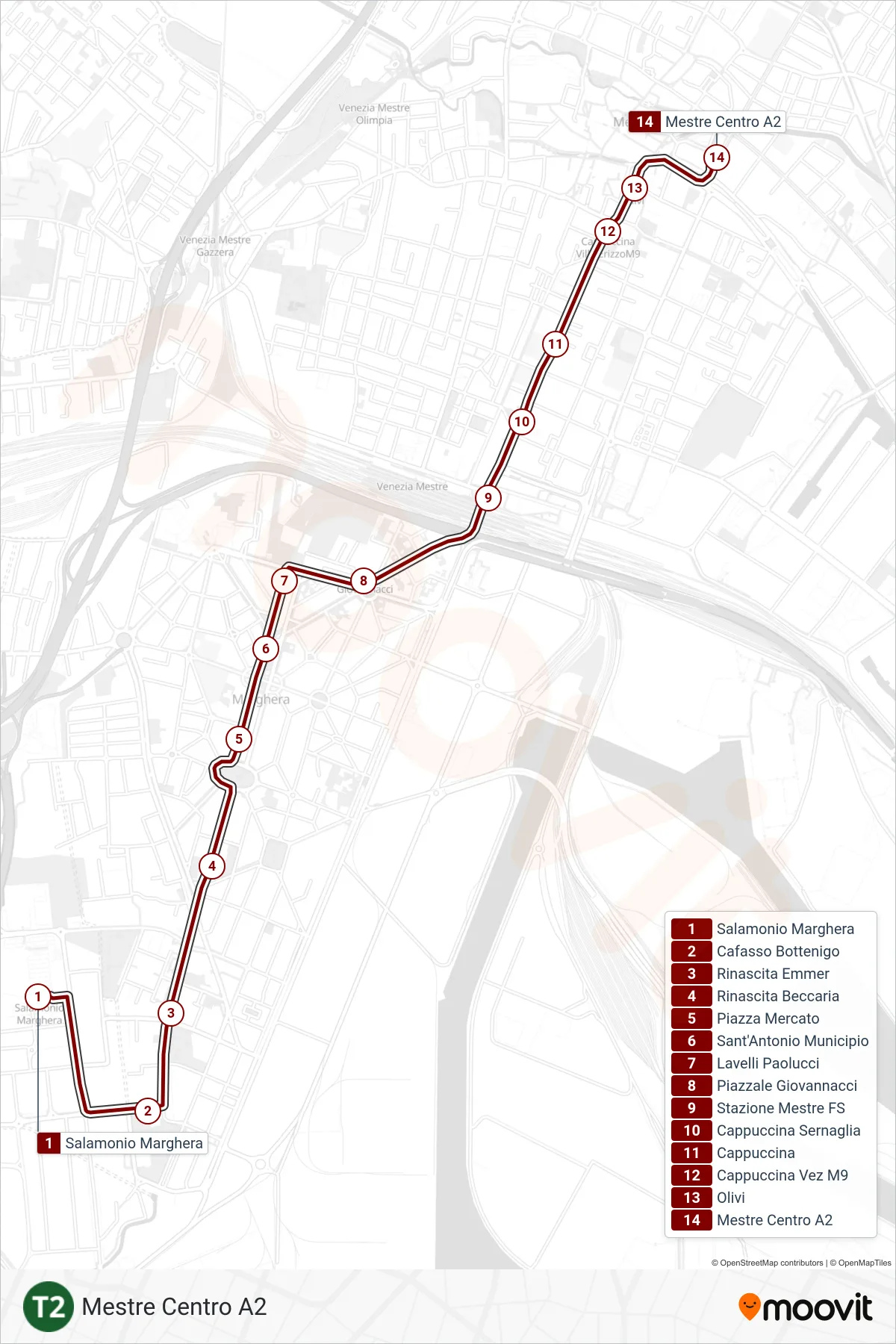 Linea T2 tram (Mestre Centro A2) - Percorsi e fermate sulla mappa