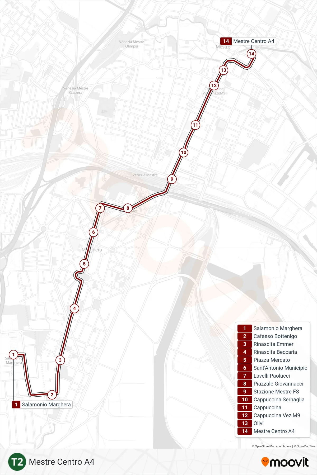 Linea T2  tram (Mestre Centro A4) - Percorsi e fermate sulla mappa