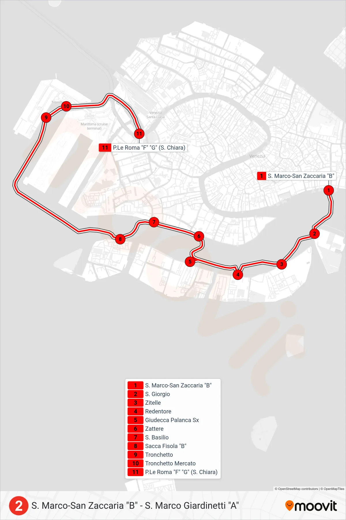 Linea 2 navigazione (P.Le Roma F) - Percorsi e fermate sulla mappa