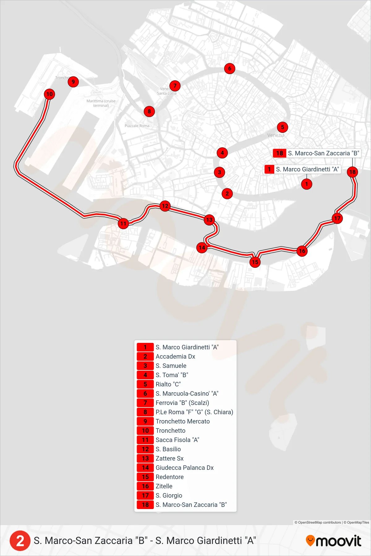 Linea 2  navigazione (S. Marco-San Zaccaria B) - Percorsi e fermate sulla mappa