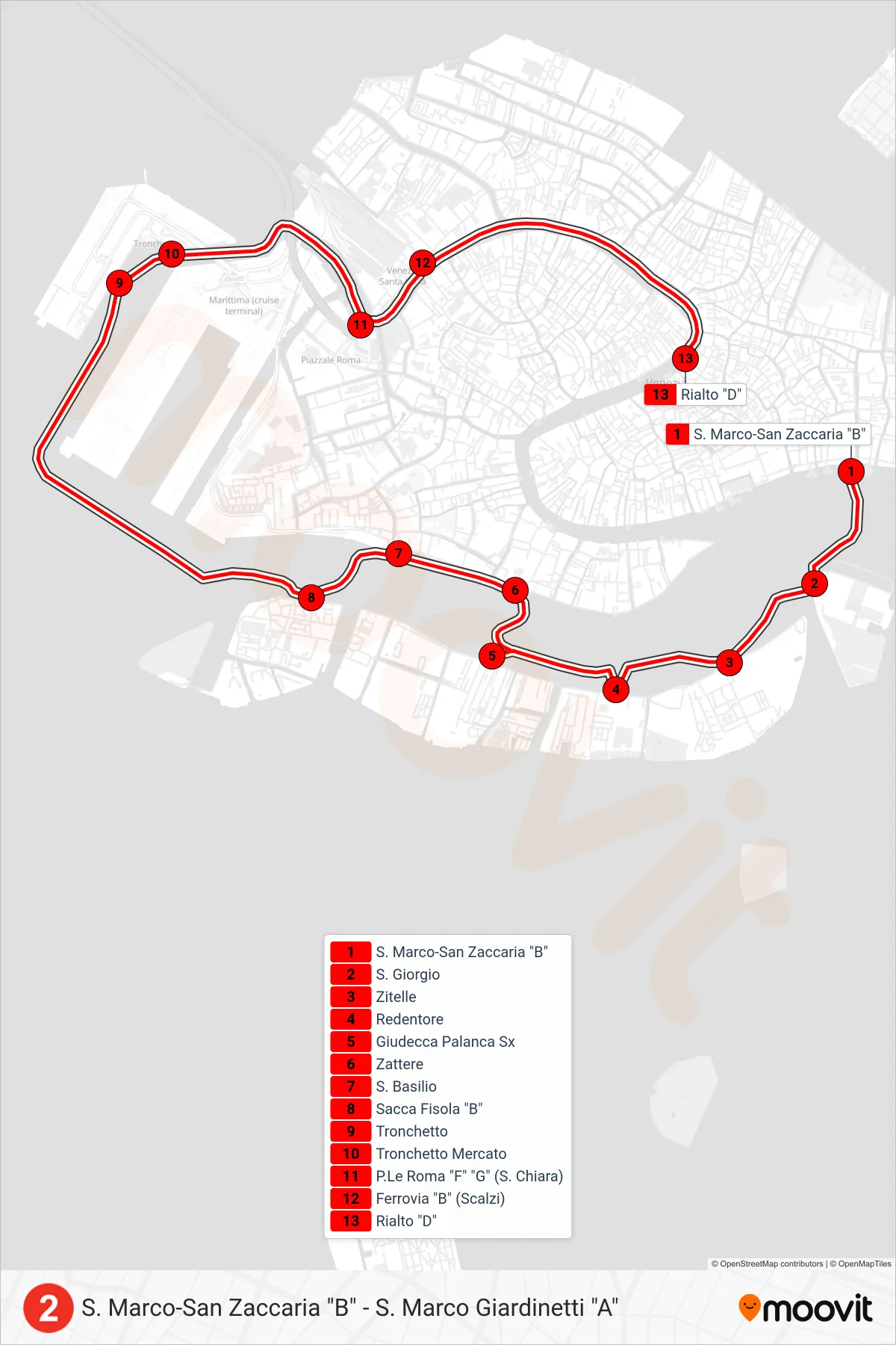 Linea 2 navigazione (Rialto D) - Percorsi e fermate sulla mappa