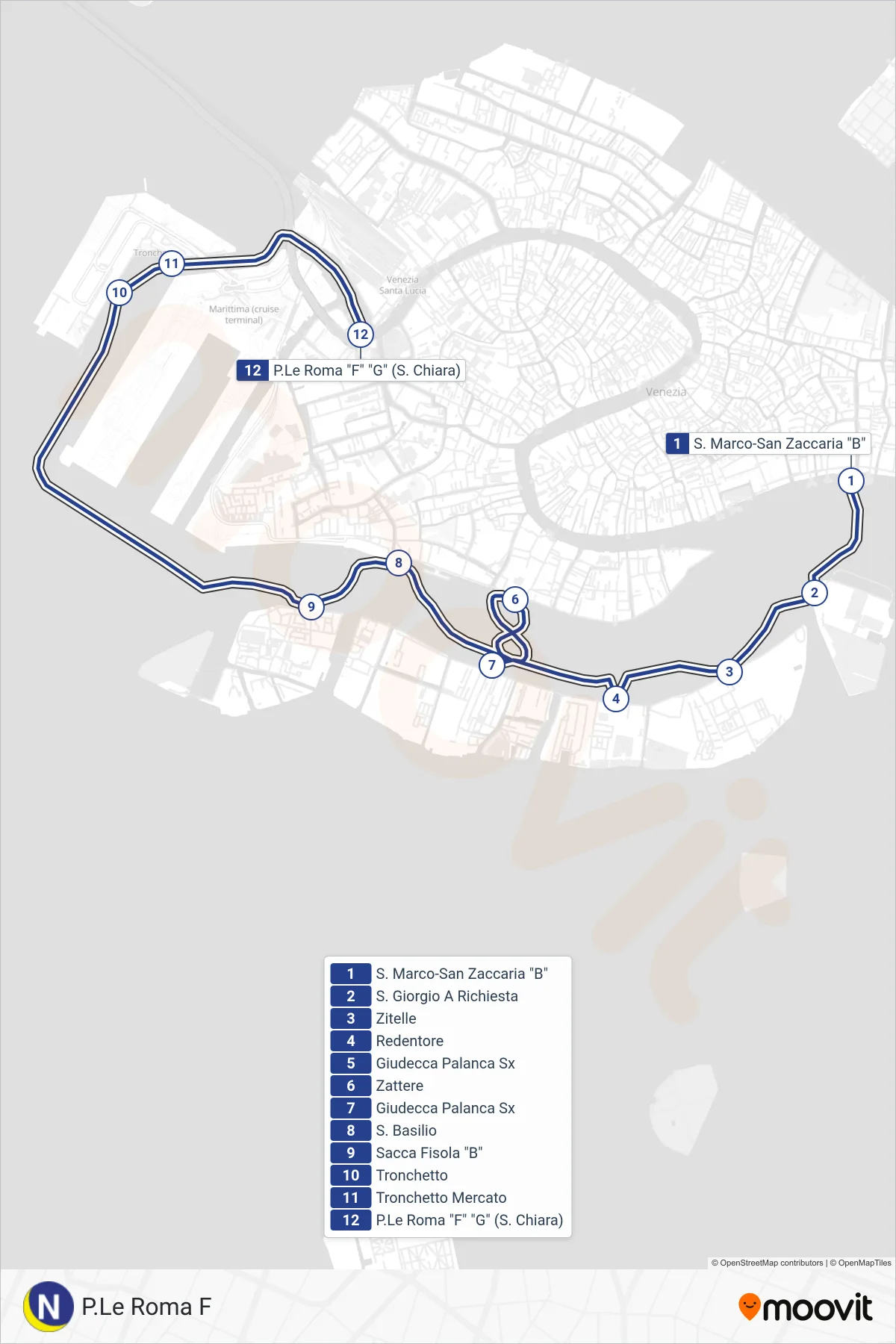 N ferry Line (Roma Square F) route and stops on a map