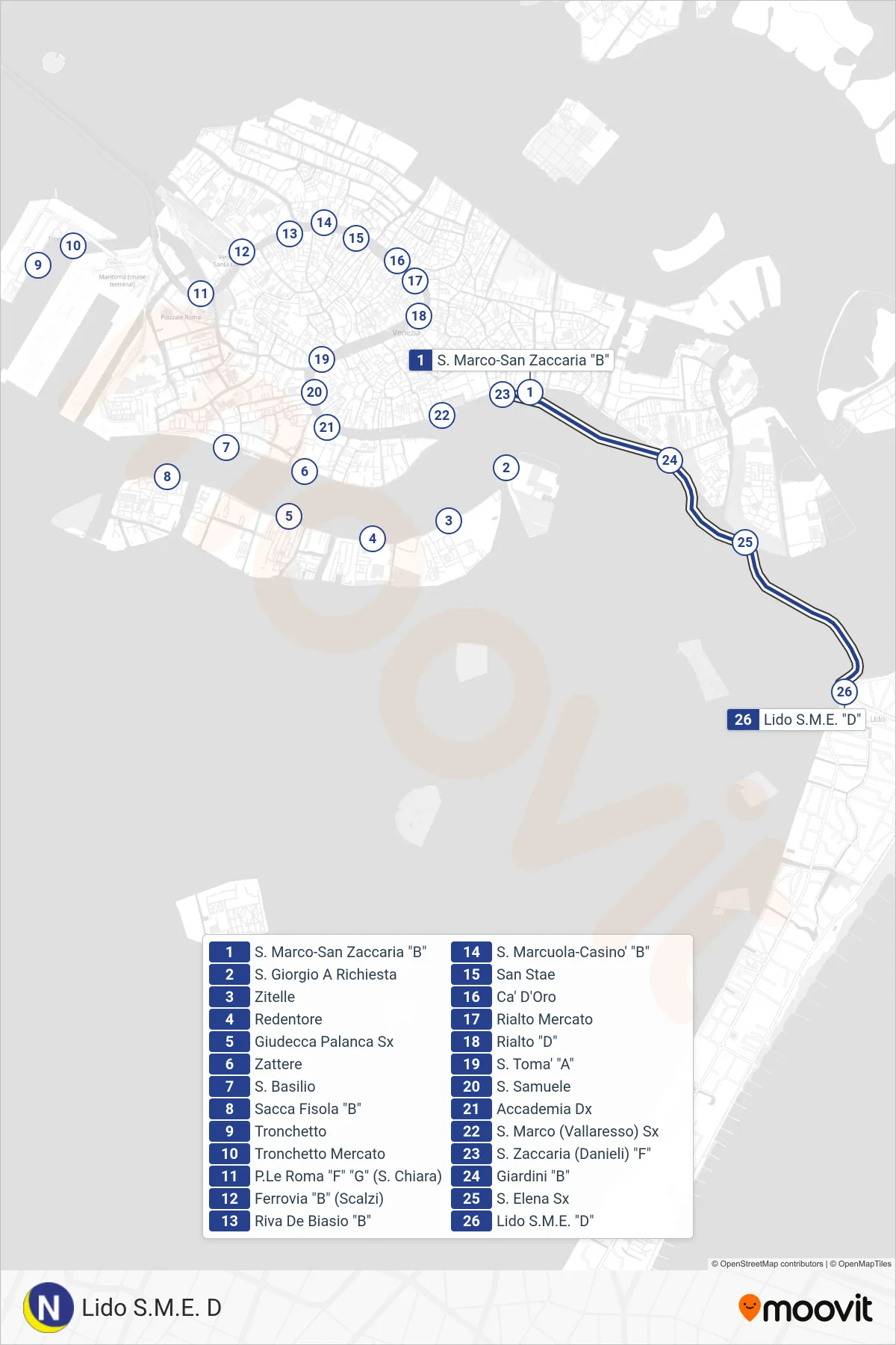 Linea N  navigazione (Lido S.M.E. D) - Percorsi e fermate sulla mappa