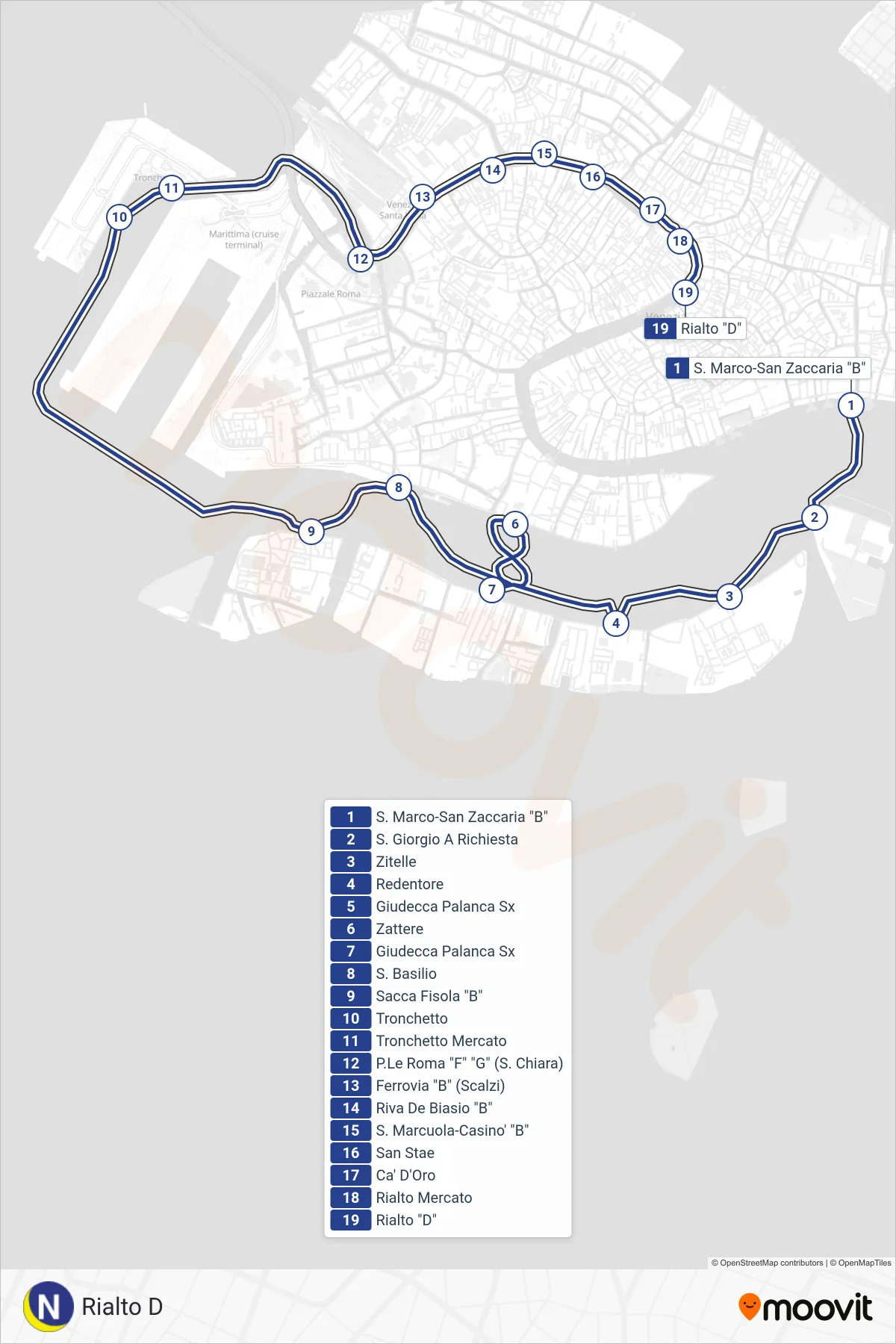 Linea N navigazione (Rialto D) - Percorsi e fermate sulla mappa