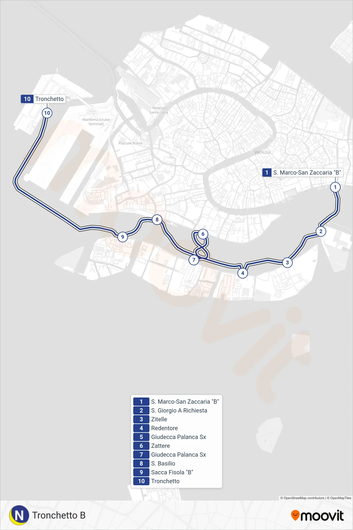 Linea N navigazione (Tronchetto B) - Percorsi e fermate sulla mappa
