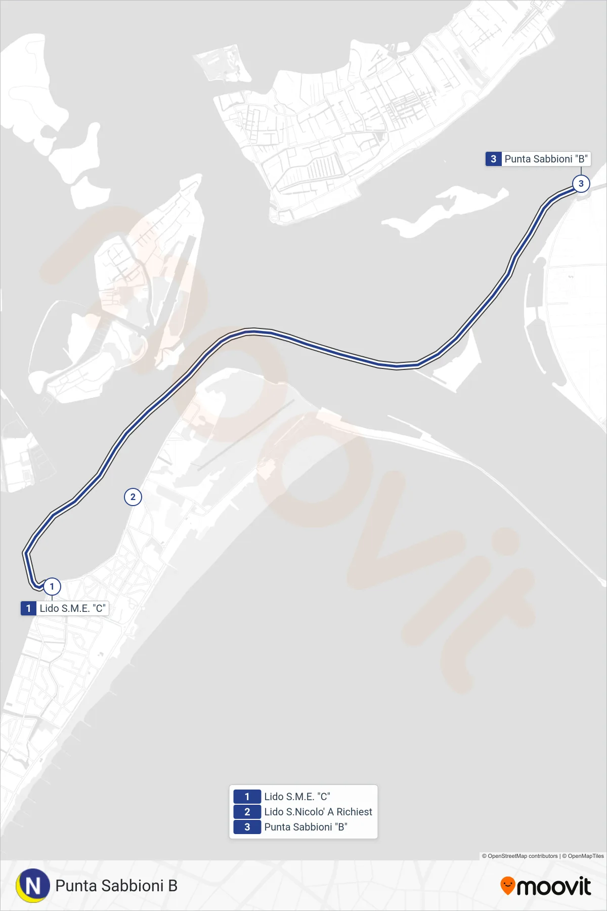 Linea N navigazione (Punta Sabbioni B) - Percorsi e fermate sulla mappa